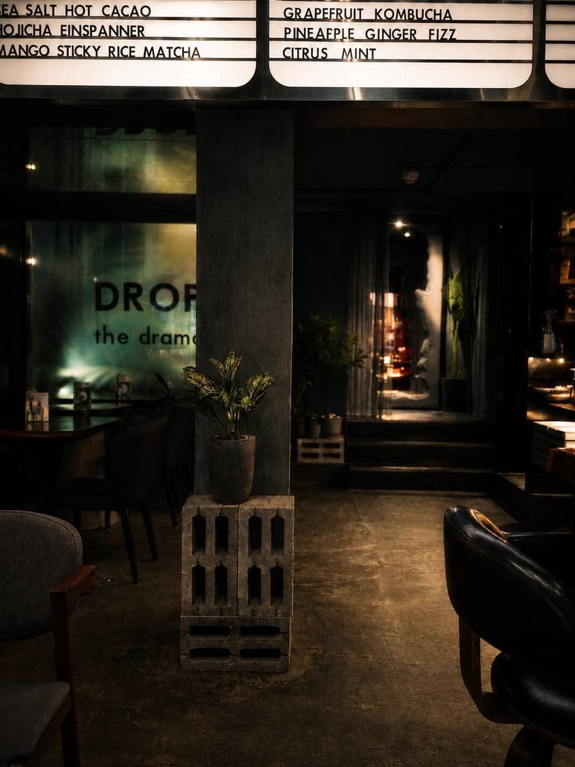Inside The Drop in Hauz Khas, a dark interior with the Drop sign on a concrete column and menu boards above
