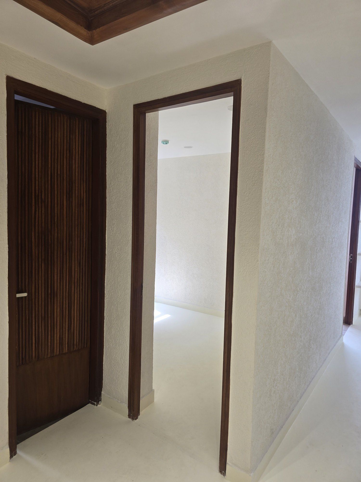 Fluted dark timber doors set into textured walls